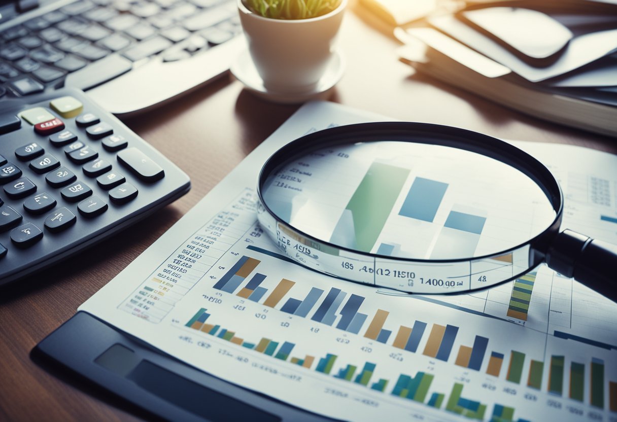 A desk with financial charts, a computer, and investment books. A magnifying glass and calculator are laid out for analysis