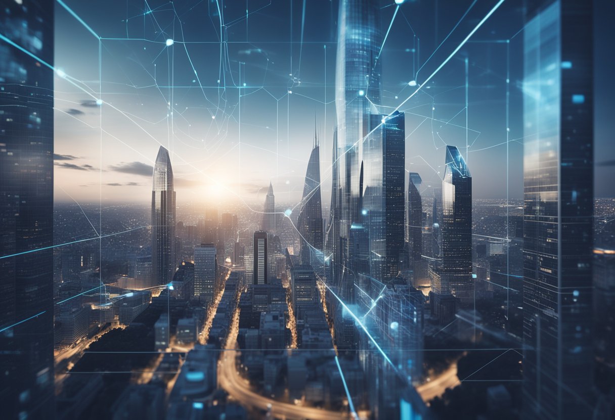 A futuristic city skyline with AI-powered financial institutions and data flowing between them, showcasing the ethical challenges and impact of AI in finance