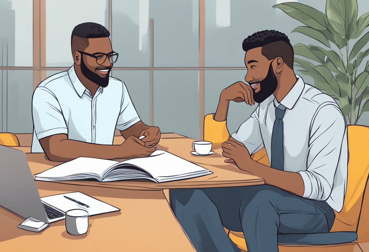 A mentor and mentee engage in a meaningful conversation, exchanging knowledge and experiences. The mentor provides guidance and support, while the mentee listens attentively, eager to learn and grow