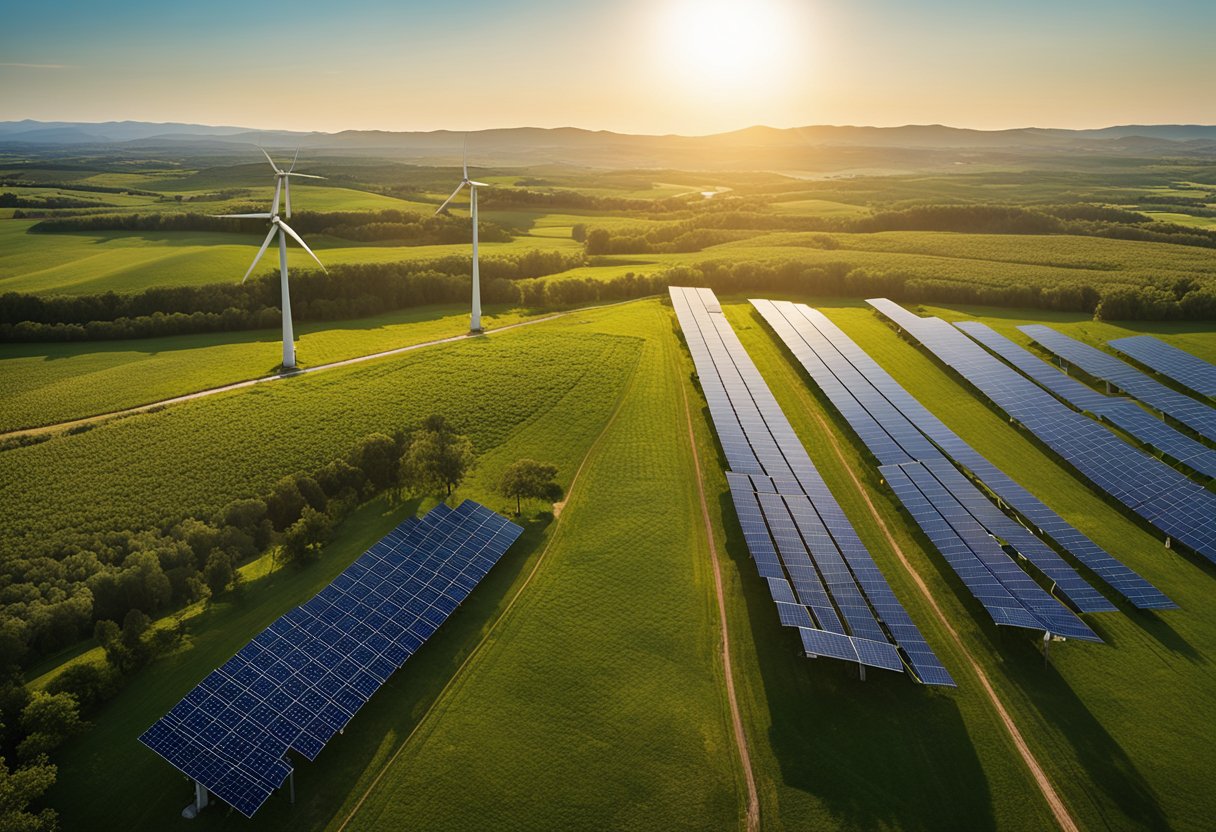 A vibrant sun shines down on a field of wind turbines and solar panels, generating clean energy. The landscape is dotted with greenery, and a clear blue sky stretches out in the background