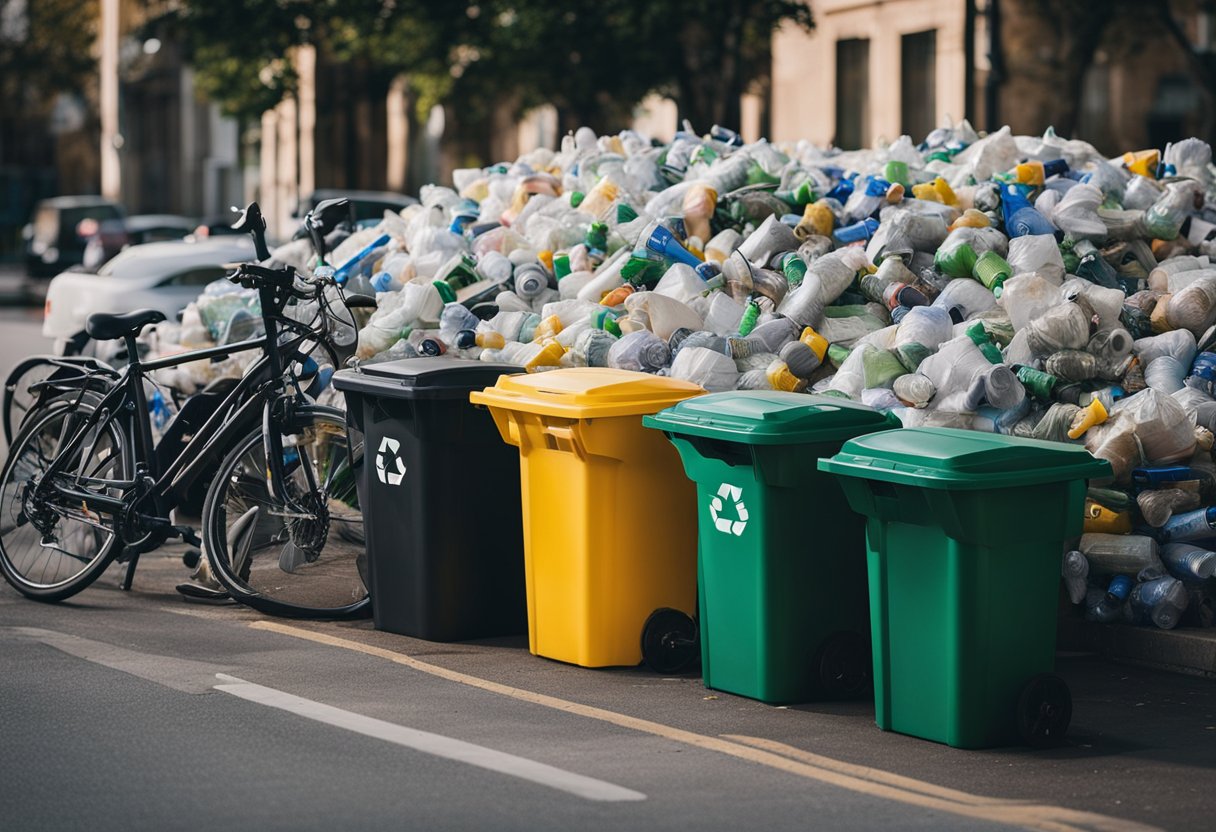 A recycling bin overflowing with plastic bottles and paper, while a nearby bike rack sits empty