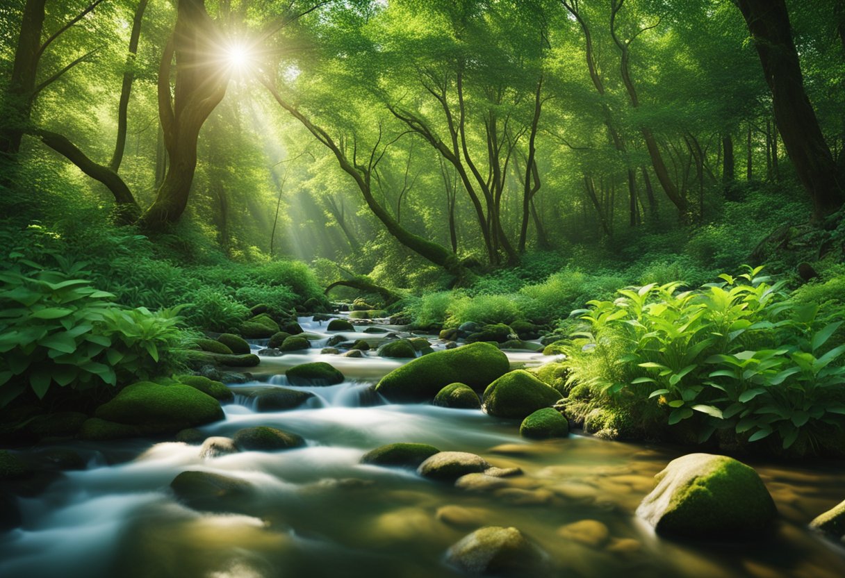 A lush green forest with a clear stream running through it, surrounded by diverse wildlife and vibrant plant life, with a clear blue sky overhead