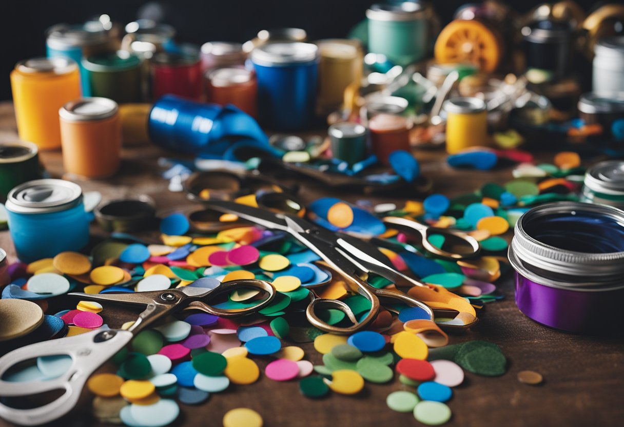 A colorful array of recycled materials arranged on a table, with scissors, glue, and paint nearby. A finished DIY project sits proudly on display