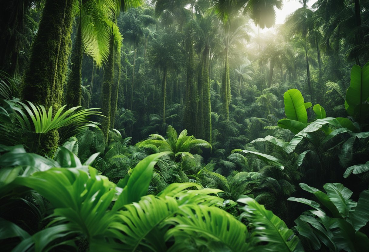 Lush rainforest with diverse flora and fauna, vibrant colors and rich textures. A variety of animals coexisting in harmony, while lush greenery thrives