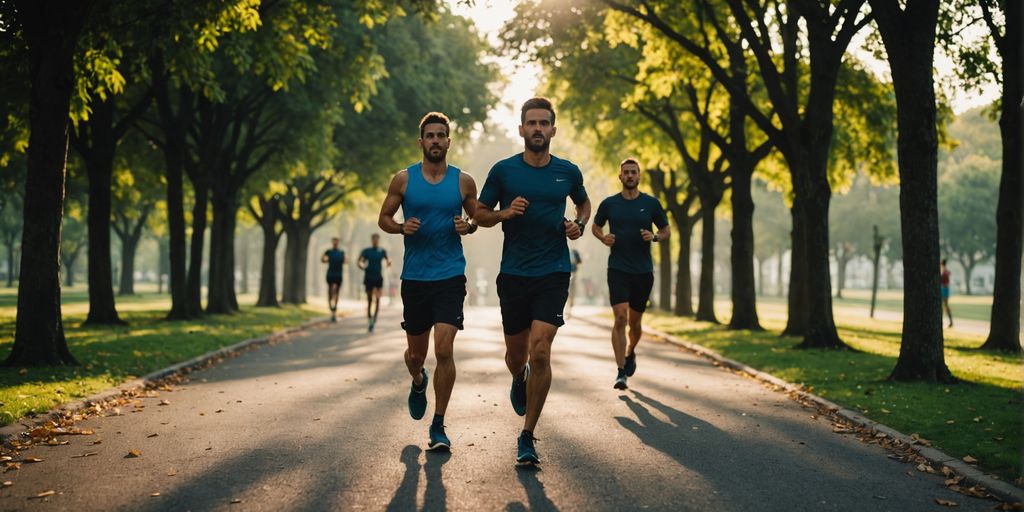 Grupo de corredores entrenando al amanecer en un parque.