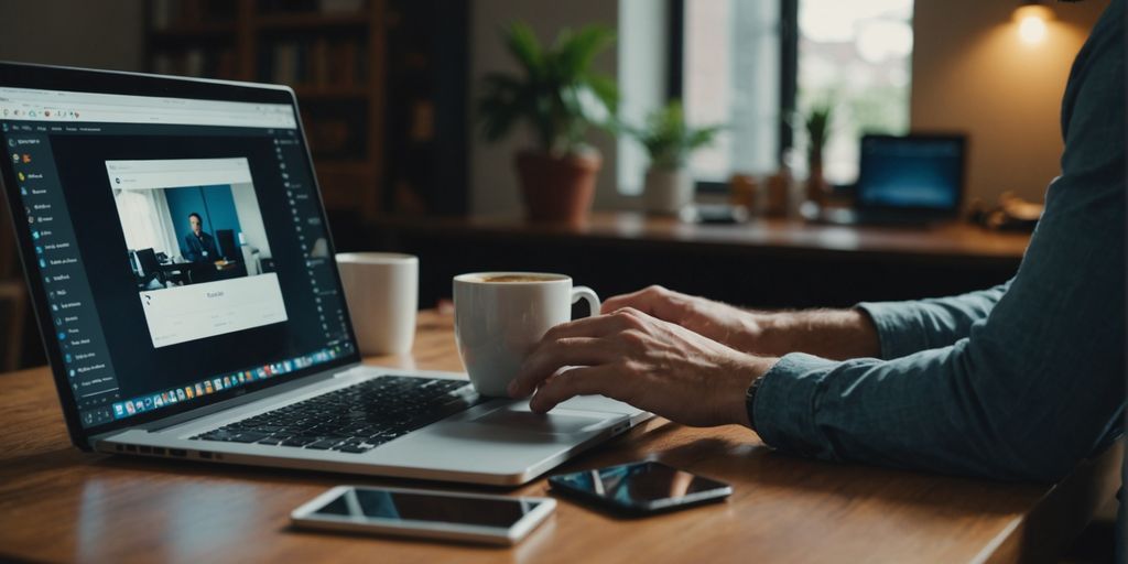 Trabajador remoto con laptop y café en casa