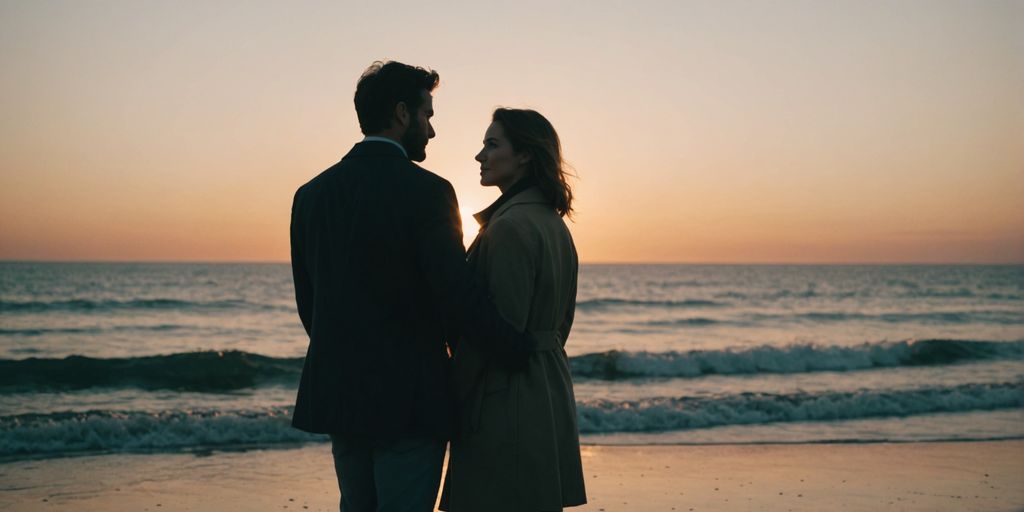 Pareja enamorada disfrutando de un atardecer en la playa