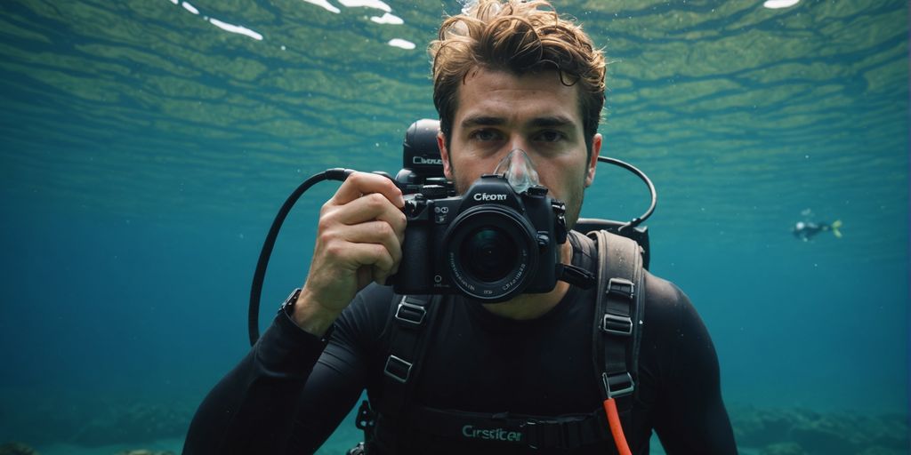 Buceador principiante explorando el océano con equipo de buceo.