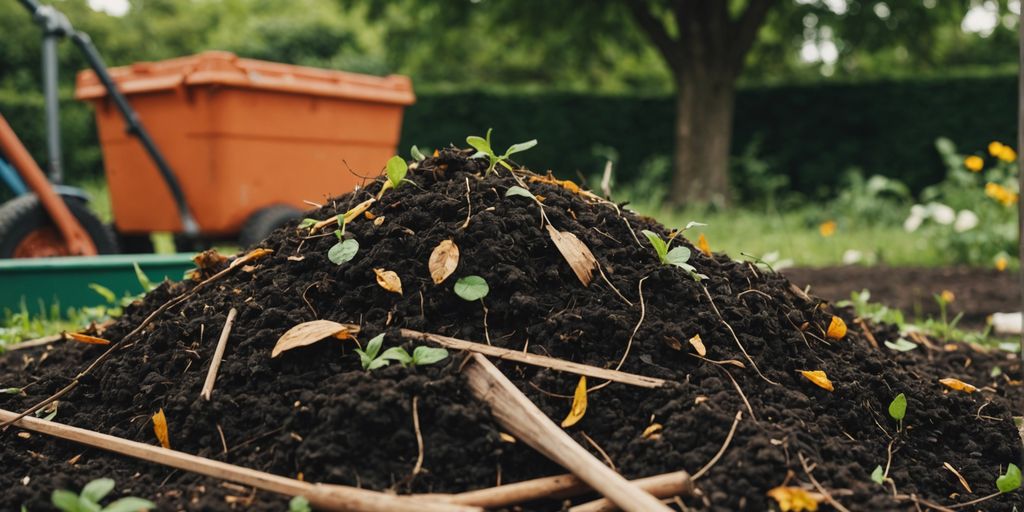 Compost casero en jardín con herramientas de jardinería